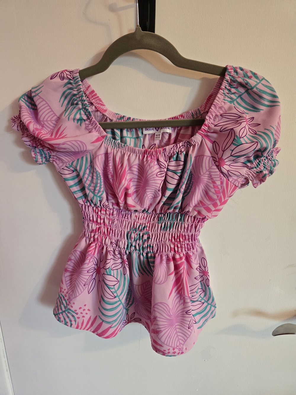 Women’s Pink Tropical Print Smocked Waist Top